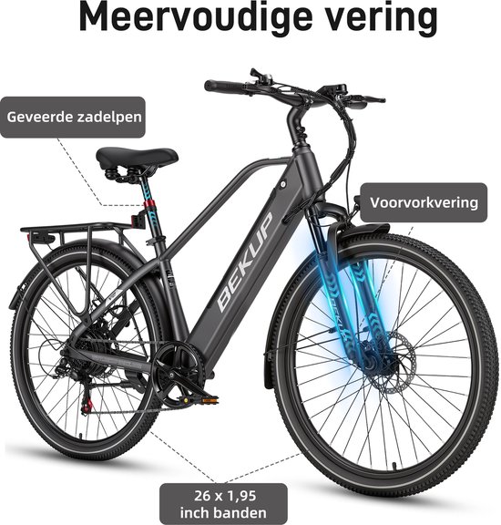 Bekup V2 Elektrische stadsfiets 26 inch - Hoge instap frame - Krachtige 250W achterwielmotor - 45Nm ondersteuning - Lange afstand accu - Shimano 7-speed - LCD-display - Comfortabel dagelijks gebruik - Titaangrijs — afbeelding 5