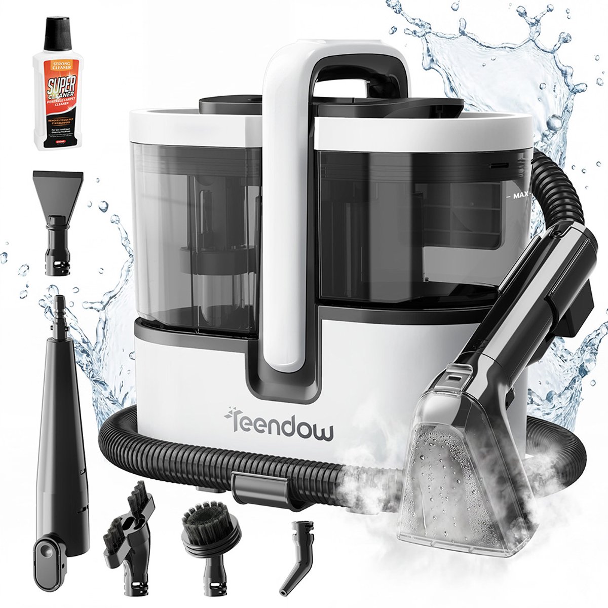 Teendow C7 Max tapijtstofzuiger, 1800W vermogen, 16kPa zuigkracht, ≥100°C stoom, 4 reinigingsstanden: sproeien, schrobben en stofzuigen, dubbele watertanks van 1600 ml/1500 ml.