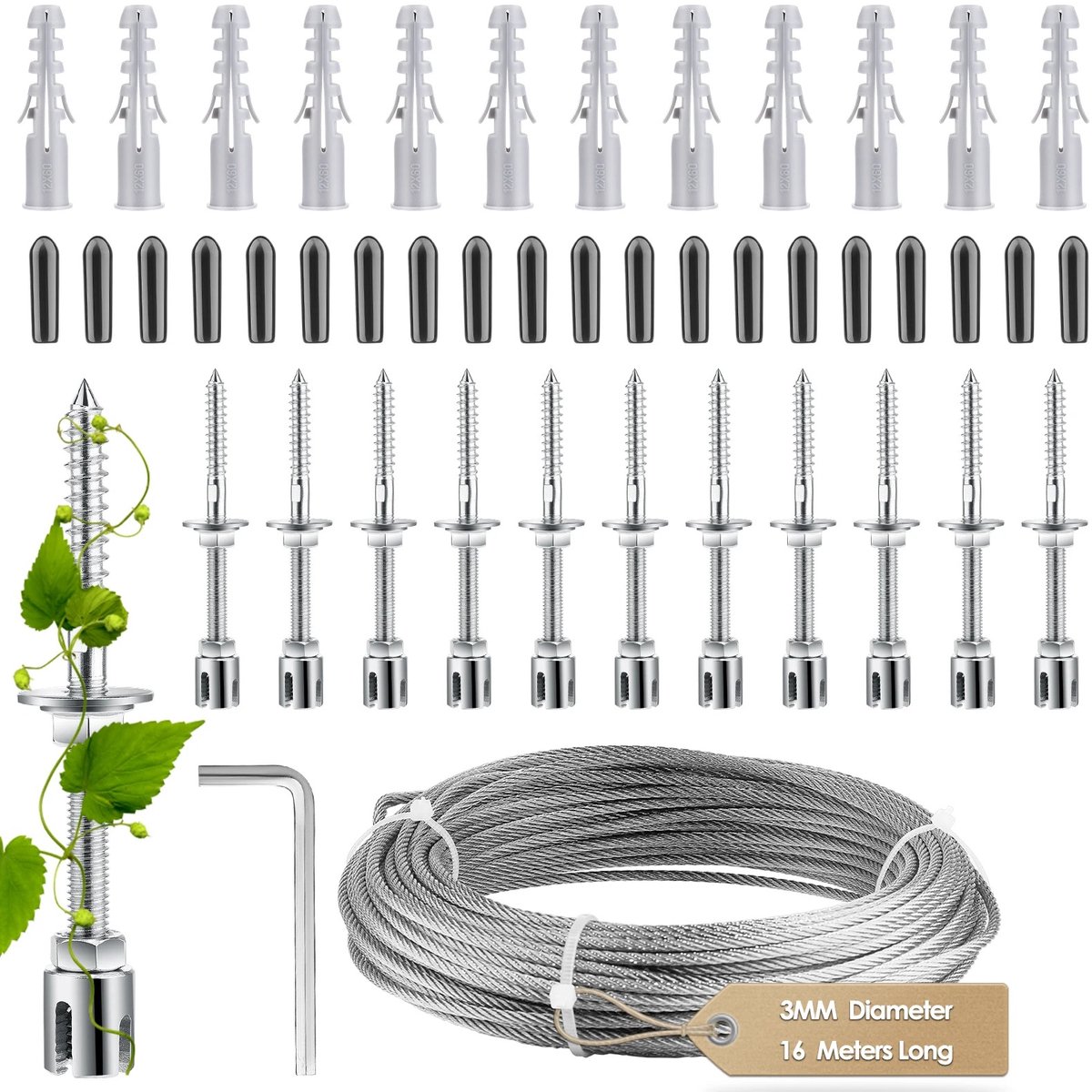 Nyoz klimsteigerset - klimrek - Plantenklimrek - 16 m RVS kabel - 3 mm - 12 wandbeugels - Voor klimplanten - Wandmontage