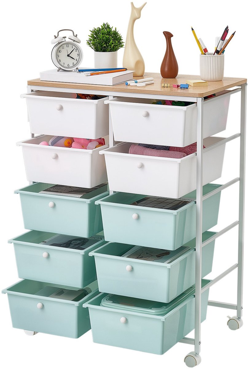 Ladekast op wielen - Rolwagen met 10 laden - Dubbele rij - Metalen frame en kunststof laden - Houten werkblad - Zwenkwielen met 2 remmen - 63 x 39 x 89,5 cm - Blauw/wit