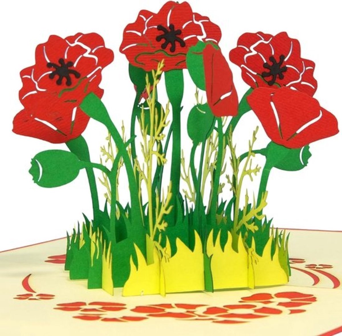 Pop-up Kaart - Wenskaart Klaprozen - Verjaardag Vieren - Handgemaakt Papierkunst - 115 x 17 cm - Rood-crème