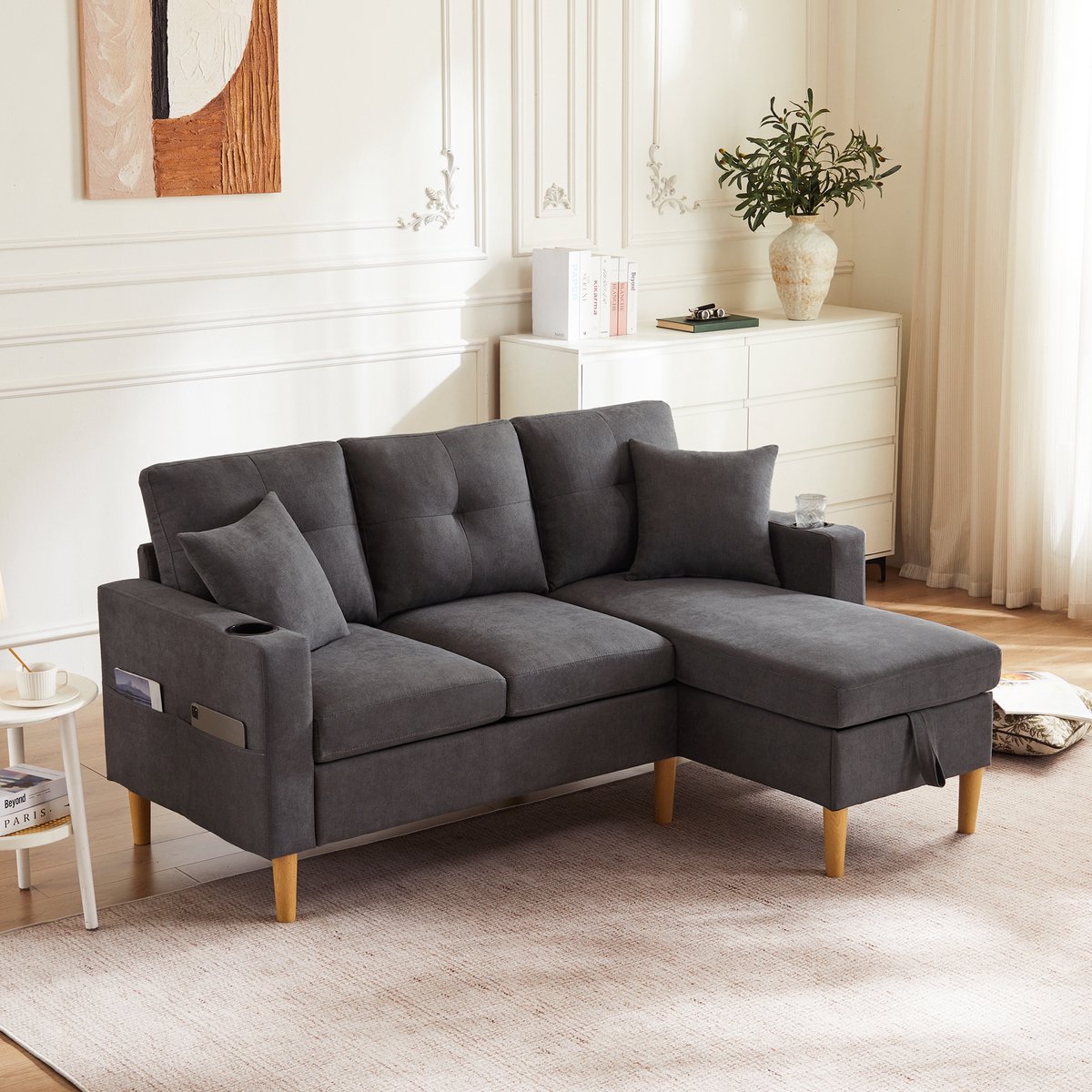 3-zits hoekbank - 175 x 129 x 90 cm - linnenlook bekleding - met opbergruimte - met bekerhouders - inclusief kussens - met veer- en schuimvulling