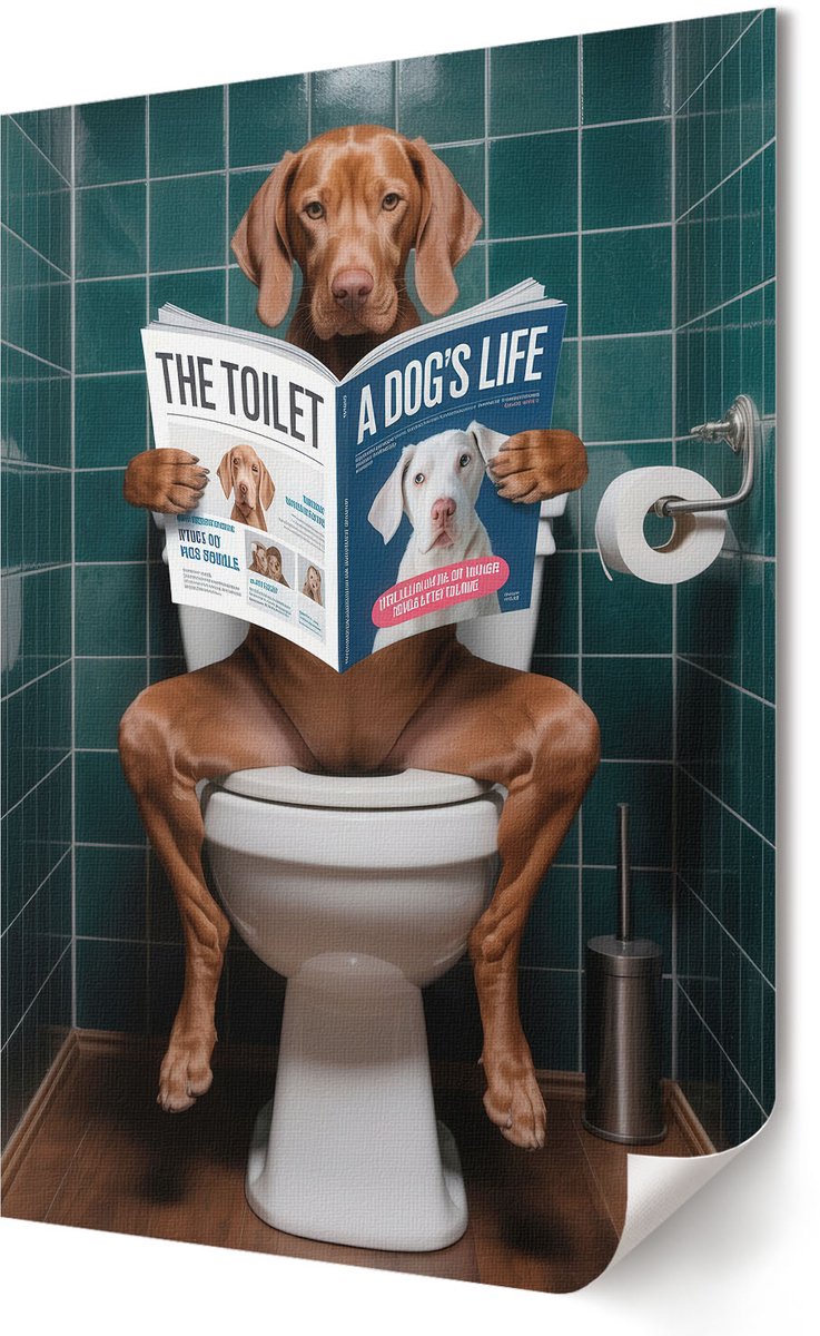 Coloray Polycanvas Wandposter - Hond Op Het Toilet, Illustratie - 420 x 594 - Groen Patroon - Rechthoek - Wandkunstwerk - Woonkamer, Slaapkamer, Kantoor - Humoristisch