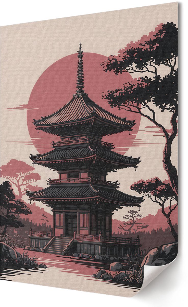 Coloray Polycanvas Wandposter - Tempel In Azië, Illustratie - 420 x 594 - Zwart Poster - Rechthoek - Canvasposter - Woonkamer, Slaapkamer, Kantoor - Japanse