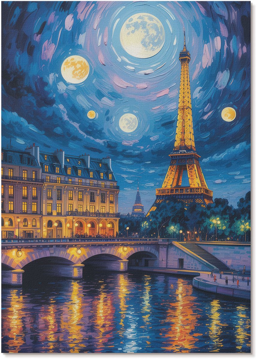 Tulup Polycanvas Poster - Parijs Bij Nacht, Schilderen - A4 - Blauw Wandposter - Rechthoek - Decoratieve poster - Woonkamer, Slaapkamer, Kantoor - Decoratief