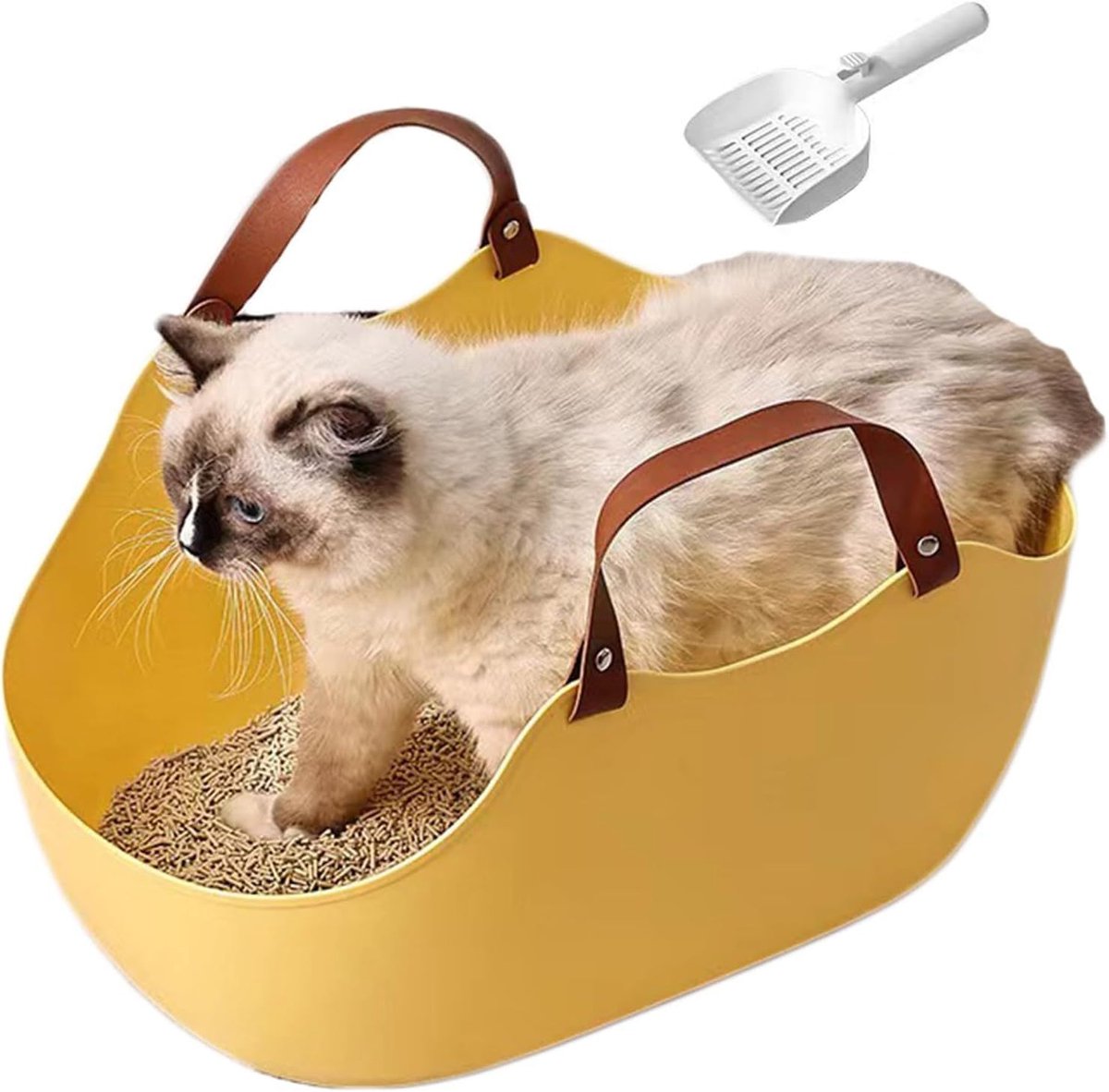 Kattenbak 51 x 36 x 24 cm met Kattenbakschep – Grote Open Kattenbak met Hoge Rand – Draagbare Kattenbak met Handvat – Inclusief Schep – PE – Geel