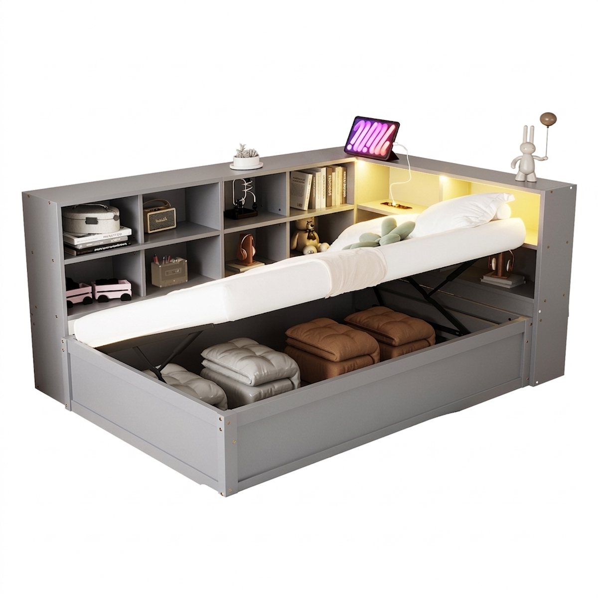 Grijze slaapbank 90x200 - Eenpersoonsbed met opbergruimte - Geïntegreerd stopcontact - App bestuurbare LED - Massief hout - Logeerkamer - Grijs-Matras niet inbegrepen