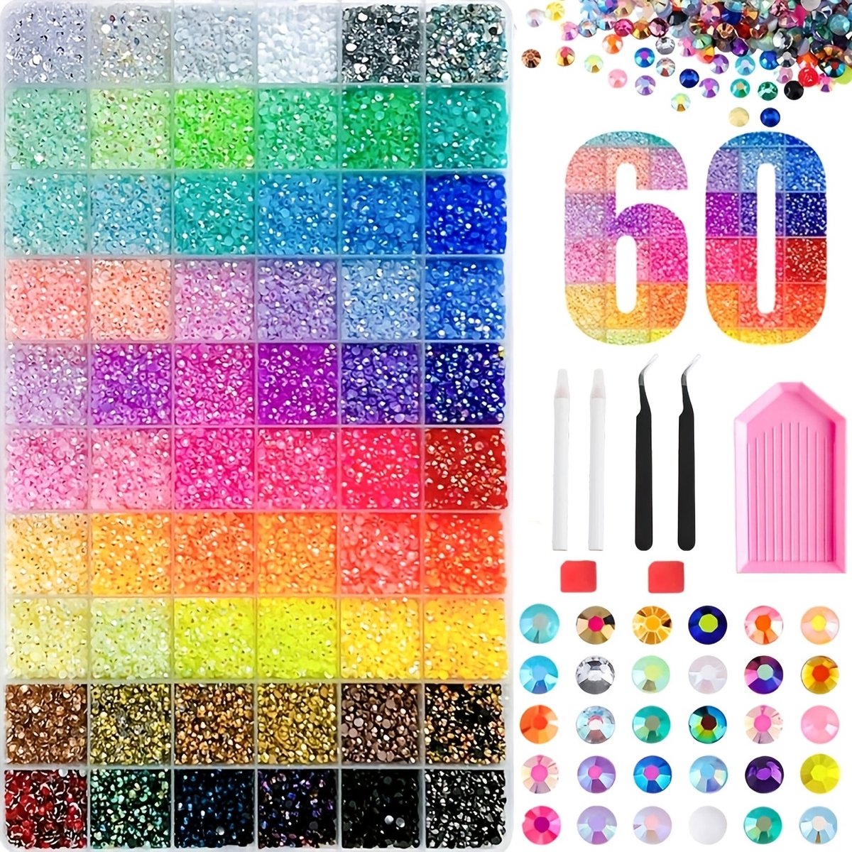 Currero Bedazzle Kit - Bedazzling - Plakstenen - Strass Steentjes - DIY Versieren - 60 Vakken - Nagel Decoratie - Met Pincet En Applicator - Gemengde Kleuren