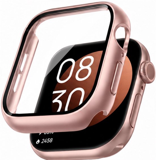 Roségouden beschermhoes voor smartwatch met ingebouwde screenprotector, zwevend getoond.