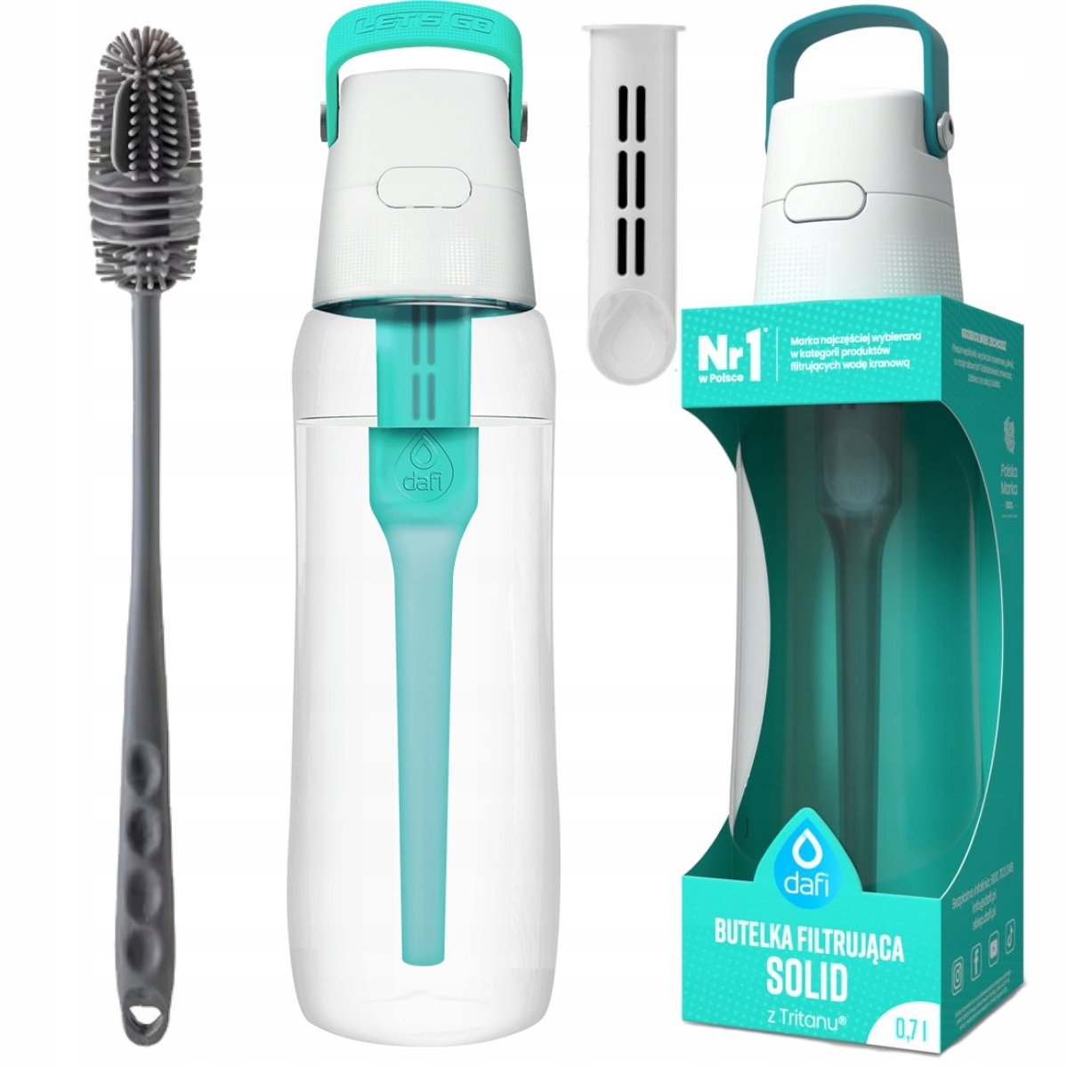 Dafi Solid 0.7L Turquoise Water Filter Bottle + Cleaning Brush