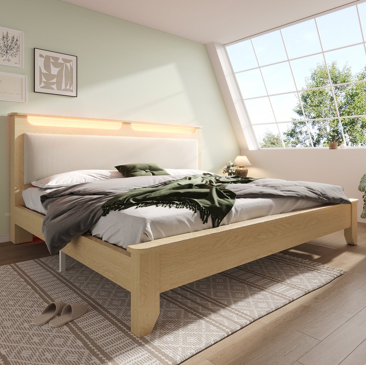 REDOM - Dubbel bed - Hoofdbord met opbergruimte en LED-verlichting - Lattenbodem - Met corduroy beklede rugleuning - Moderne stijl - Slaapkamer - Hout - Beige - 180 x 200 cm