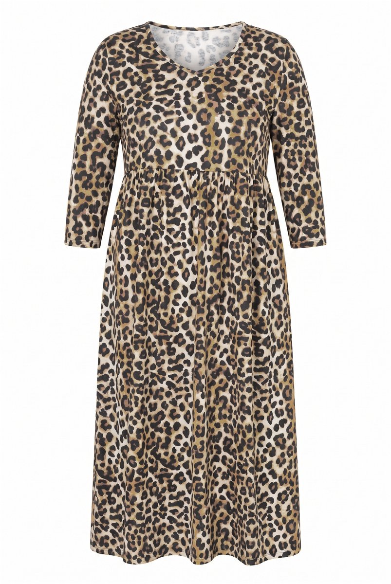 Ulla Popken - Dames - Maxi-jurk luipaardmotief V-hals 3/4 mouwen zakken - Zwart - Maat 62+