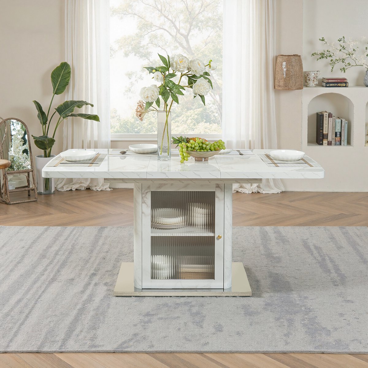 REDOM - Eettafel - Uitschuifbaar - Met opbergkast en glazen deuren - Modern - Woonkamer en eetkamer - MDF, metaal en glas - Wit - 120-160 x 80 x 76 cm