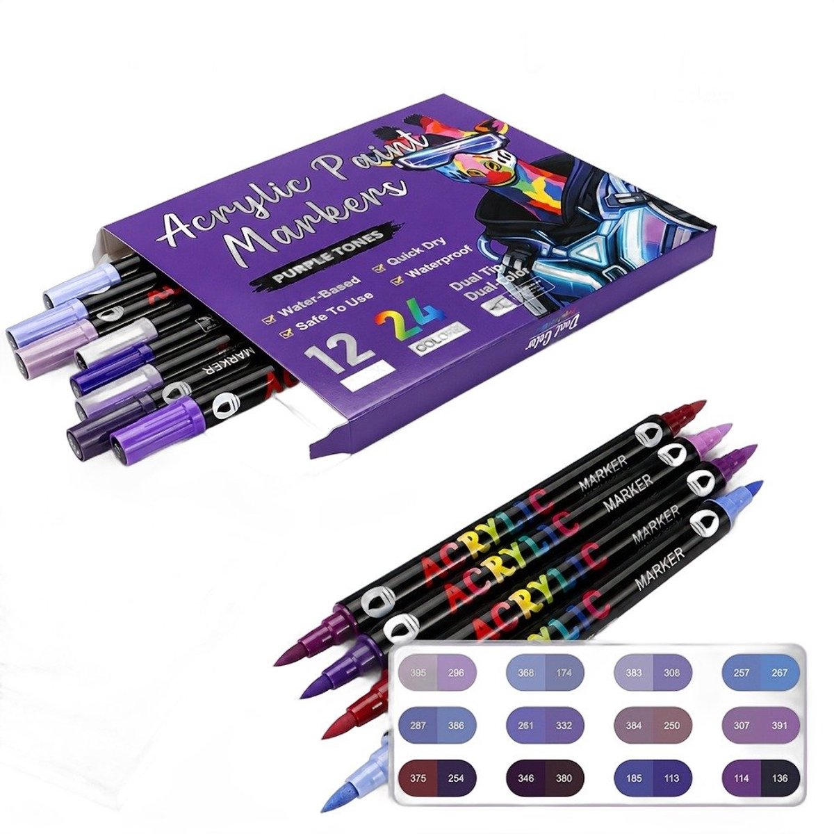 Currero Aquamarkers - Twinmarkers - Brushpennen - Stiften - Markeerstiften Op Waterbasis - Dual Tip - Tekenen En Kleuren - 12 Stuks - Art Marker Pen - Paars
