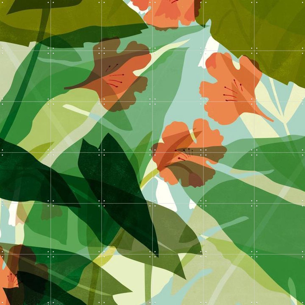 IXXI Leaves Green Orange, Lotte Dirks - 120 x 120 cm - Gratis ophangtool - Grote wanddecoratie en posters - Illustraties, Kleurrijk, Planten, Zomer