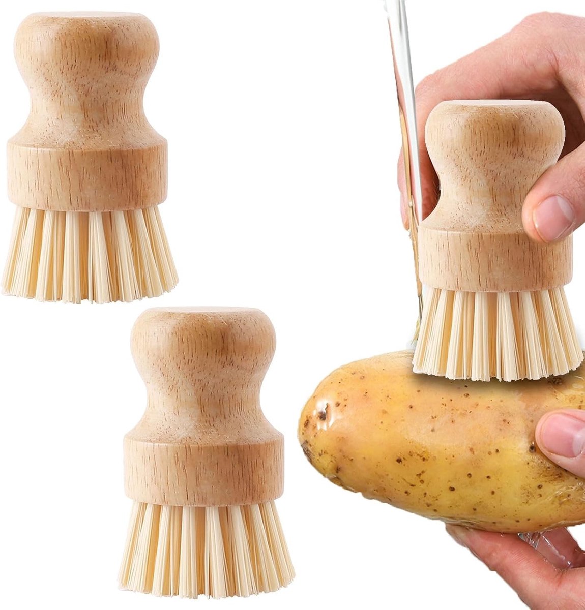 Set van 2 Groenteborstels voor Afwassen, Houten Keukenborstels voor Pannen, Potten en Servies, Ideaal voor Grondige Reiniging