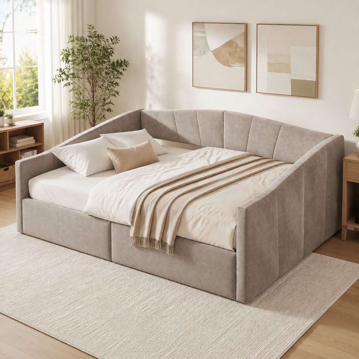 COVREO Slaapbank met opbergruimte – 140x200 cm – Sofabed met armleuningen – voor woon- of slaapkamer – Lichtgrijs - zonder matras