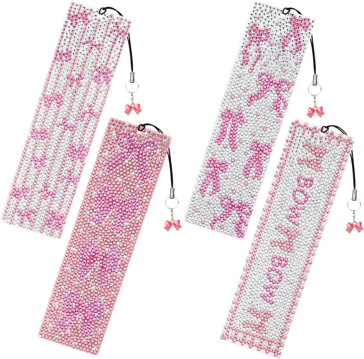 4 Stuks Roze Diamant Kunst Schilderij Boekenleggers voor Lezen, 5D Vlinder Strik Boekenleggers met Kwastje, DIY Strass Boekenleggers voor Mozaïek Creatieve Knutselprojecten