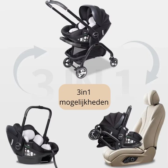 Zwarte 3-in-1 kinderwagen met autostoel en basis, getoond in drie configuraties: kinderwagen, autostoel, autostoel op autostoelbasis.