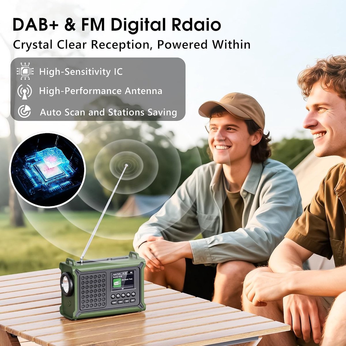 Handkrukradio met DAB/DAB+/FM - Groen - Noodradio met 12000 mAh Accu en Zonnepaneel - Voor Buiten en Kamperen