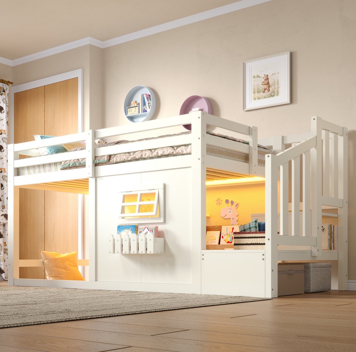 Hochslaper 90x200 cm Hoogslaper met Opslagleuning en LED-Lichtleiste, Hout, Zonder Matras, Wit