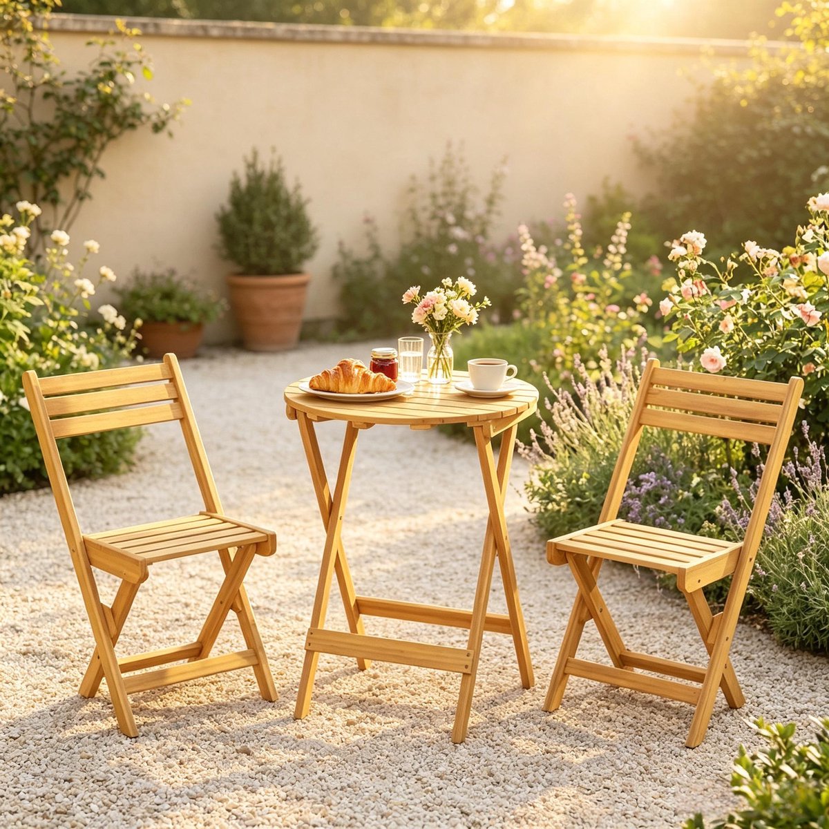 HAUSS SPOLE Bistroset - Opklapbare Tuinset Voor 2 Personen - Met Ronde Klaptafel En 2 Stoelen - Voor Balkon, Terras En Tuin - Acaciahout - Naturel Hout