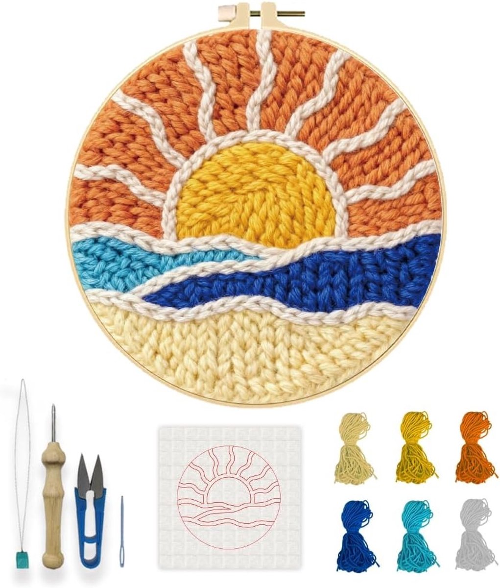 Sunrise Punch Naaldset Boho Borduurpakket voor Volwassenen - Ronde DIY Starterkit met Instructies en Creatieve Knutselprojecten, Perfect als Cadeau voor Hobbyisten