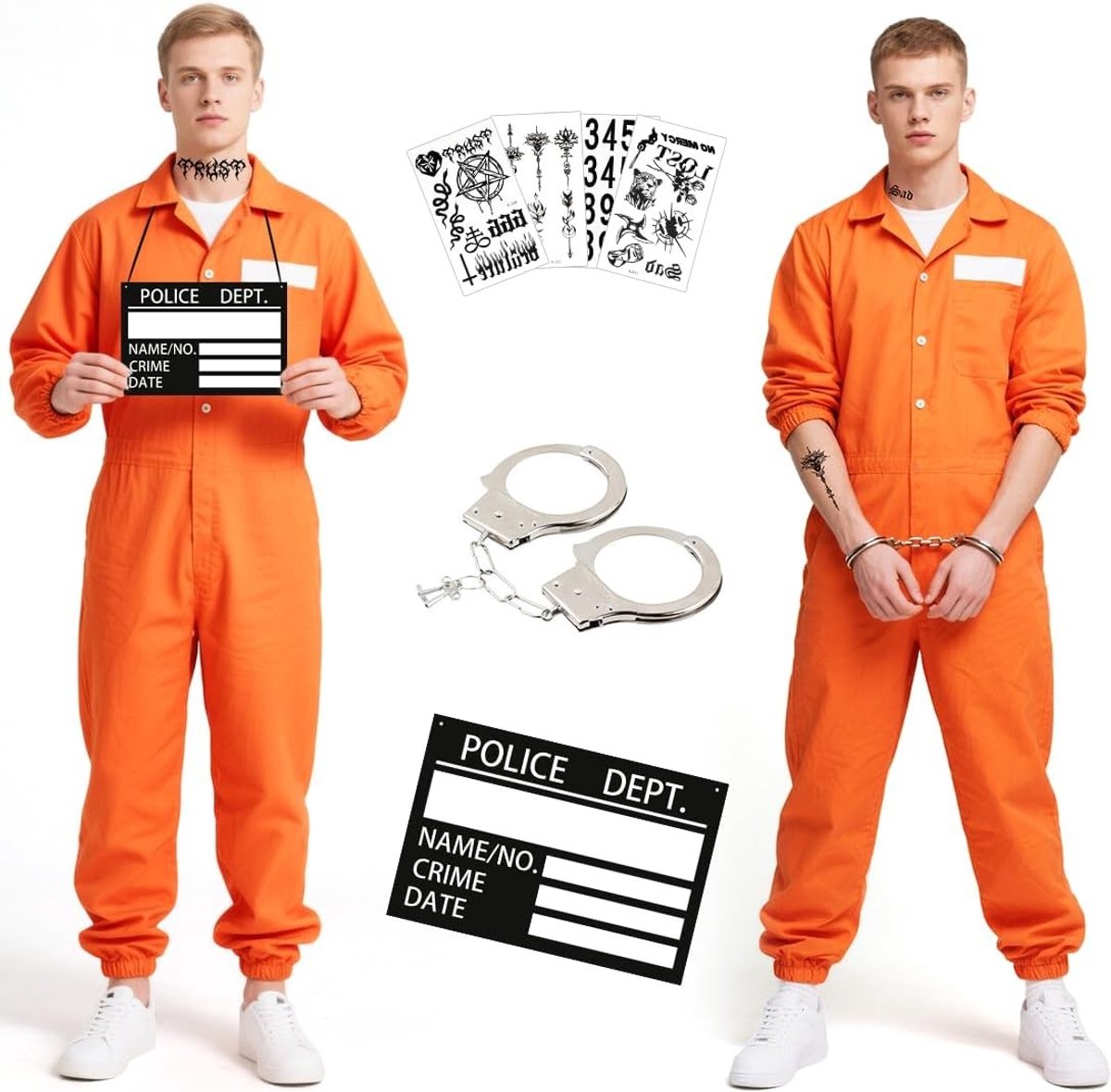 Oranje gevangeniskostuum voor mannen met naamlabel, handboeien en overall voor carnaval en Halloween