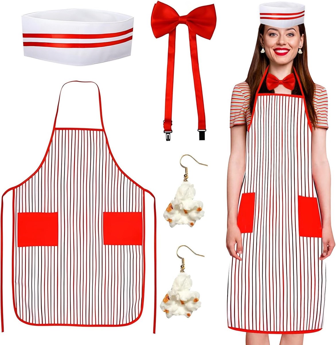 Jaren 50-stijl popcornkostuum voor carnaval, inclusief schort, kookmuts, vlinderdas en popcorn-oorbellen, perfect voor feestjes en cosplay evenementen