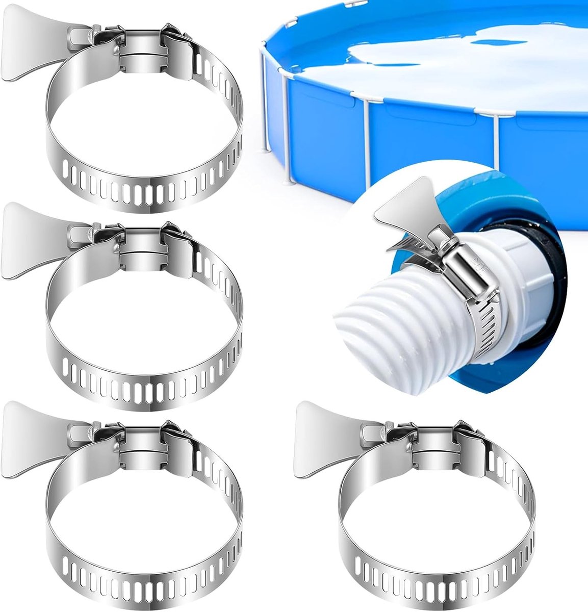 Set van 4 RVS Slangklemmen 27-51mm, Verstelbare Slangklemmen voor Zwembadslangen en PVC Slangen, Duurzaam en Roestvrij Staal