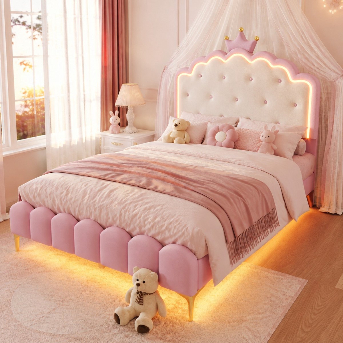 COVREO Bed met lattenbodem en LED-licht – 140x200 cm – Bedframe in kroonvorm – Kinderbed voor slaapkamer – Roze - zonder matras