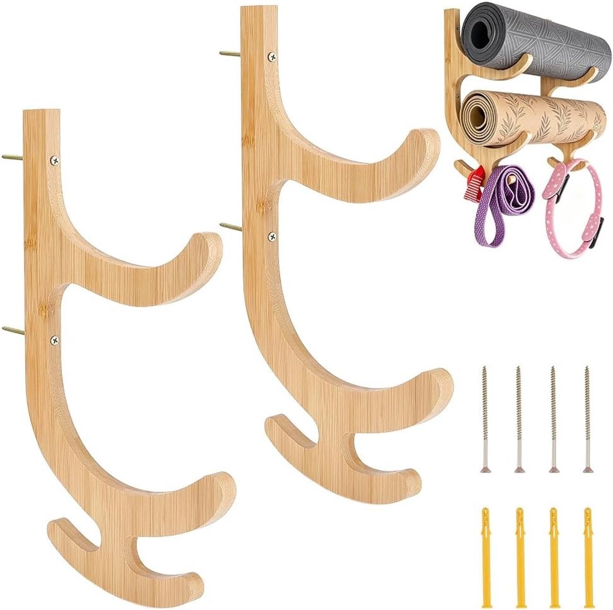 Houten wandhouder voor yogamat met 2 niveaus, bamboe opslag voor yogamat, weerstandsbanden en springtouwen, bordeauxrood design