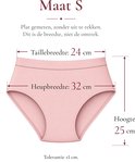 Roze dames slip in maat S, plat gemeten. Taillebreedte 24 cm, heupbreedte 32 cm, hoogte 25 cm.