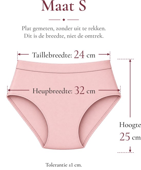 Roze dames slip in maat S, plat gemeten. Taillebreedte 24 cm, heupbreedte 32 cm, hoogte 25 cm.