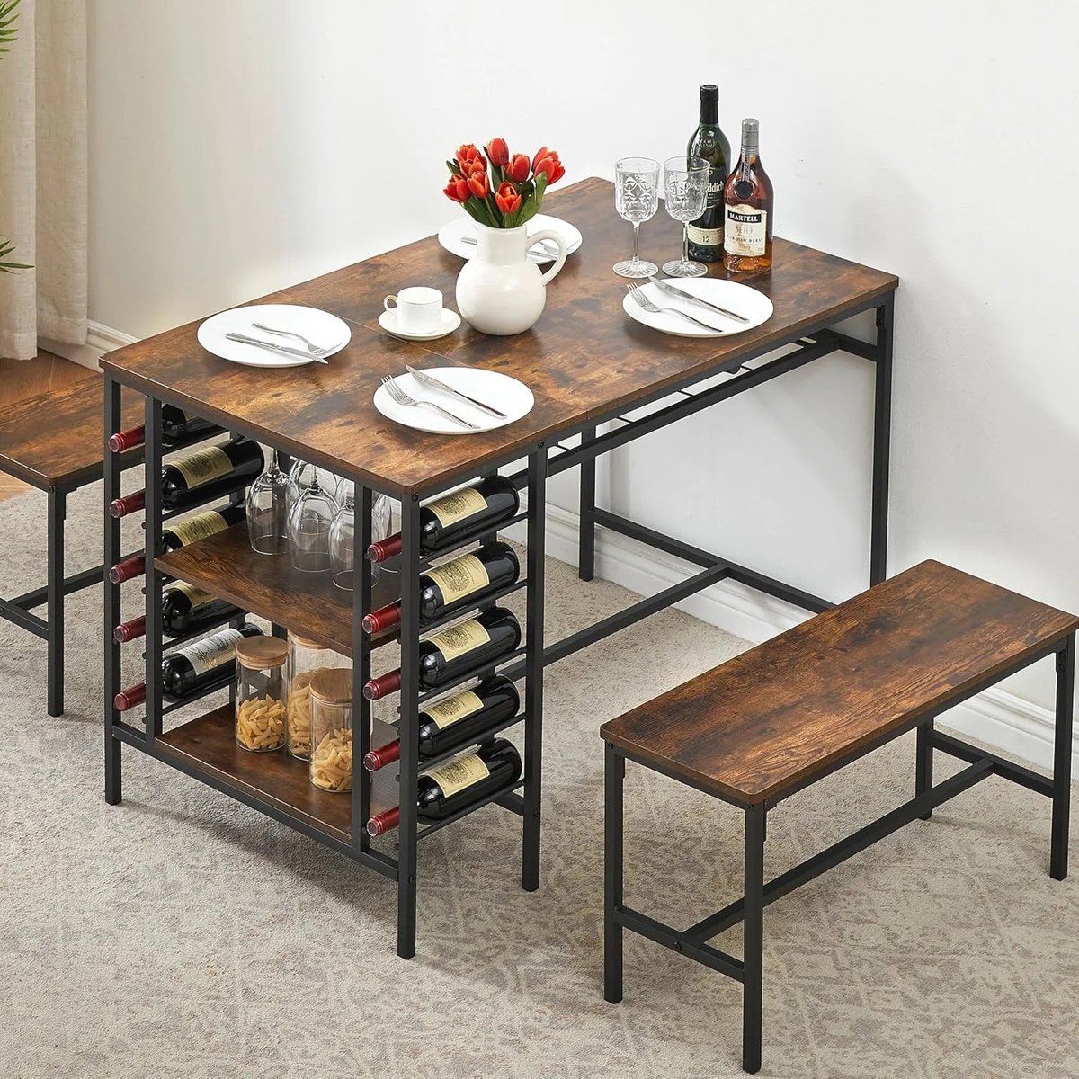 Gudalio Tafel - Set - Eettafel - Keukentafel - 4 Persoons - 2 Banken - 3 Delig - Modern - Opbergruimte - Wijnrek - Hout - Bruin - Zwart