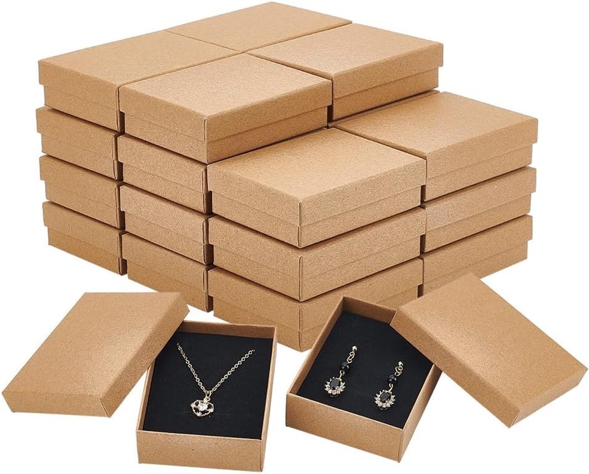 24 Stuks Kettingring Dozen, Bruine Kraft Kartonnen Sieradendozen 9x7x2.8cm, Rechthoekige Cadeauverpakkingen voor Trouwen en Jubilea