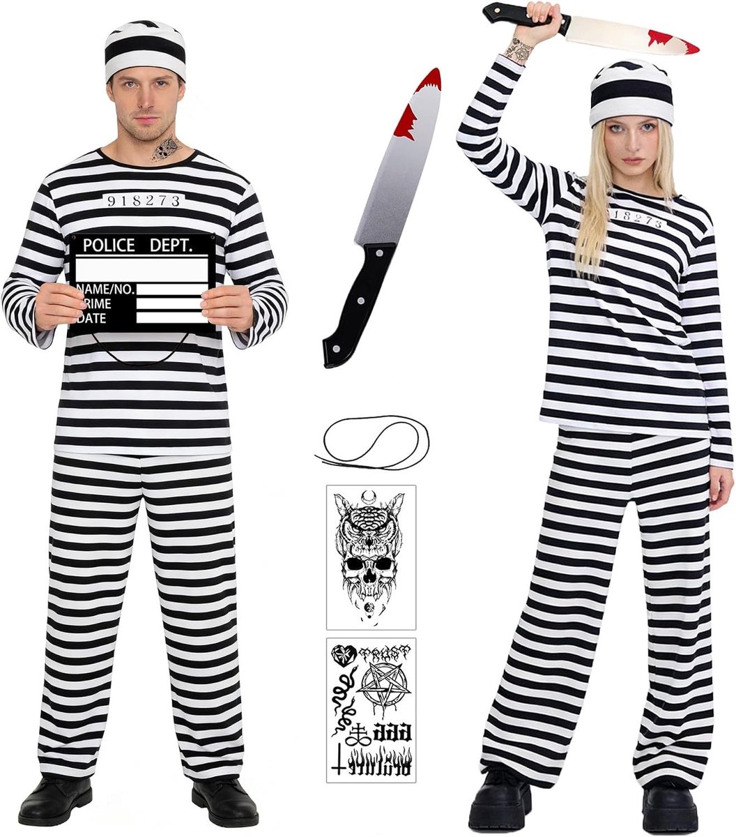 Unisex gevangeniskostuum met zwart-witte strepen, T-shirt en broek, inclusief tijdelijke tattoos en bloederig mes, ideaal voor Halloween, S-2XL