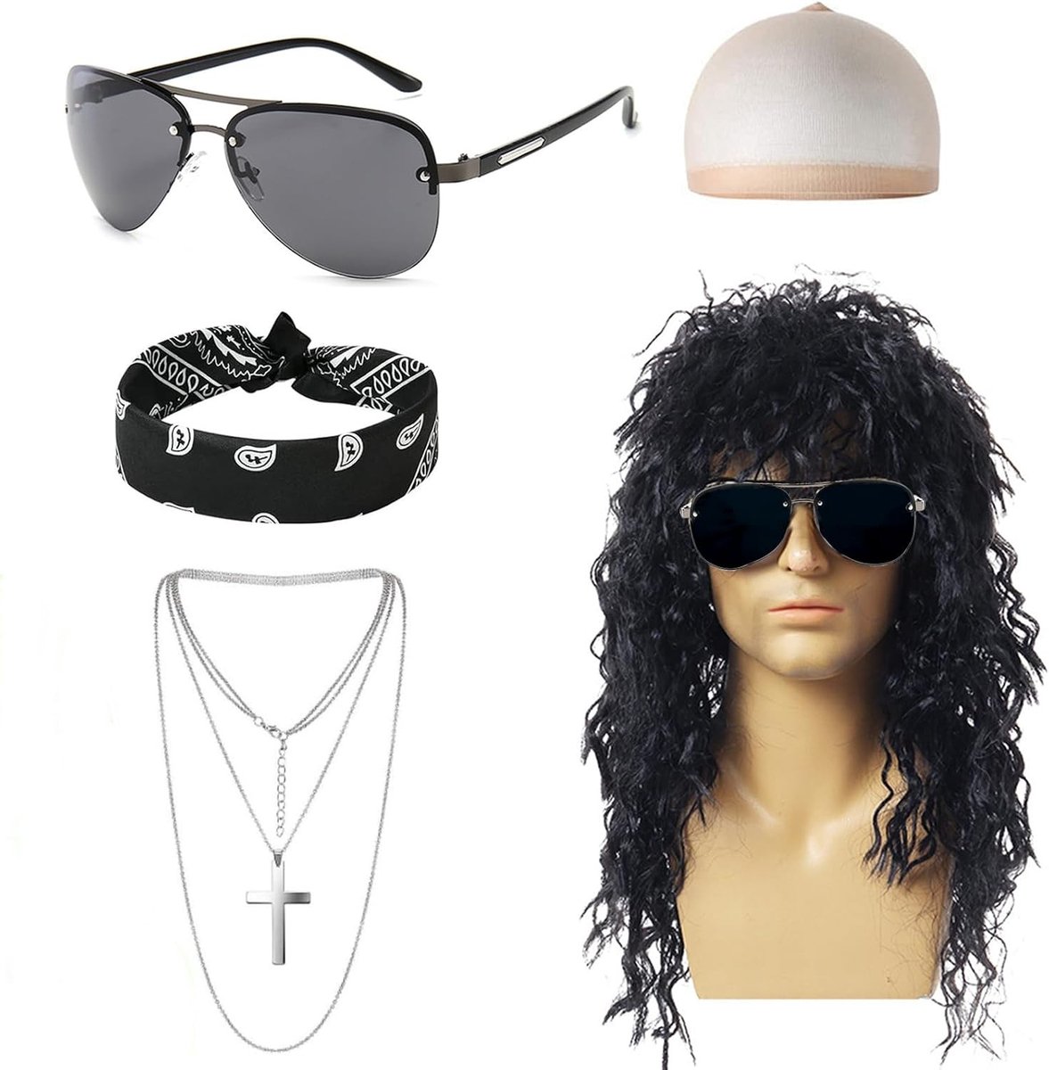 Punk Rocker Perukenset voor Mannen en Vrouwen, 70s 80s Disco Kostuum Accessoires met Zonnebril, Bandana en Ketting voor Halloween en Feestjes