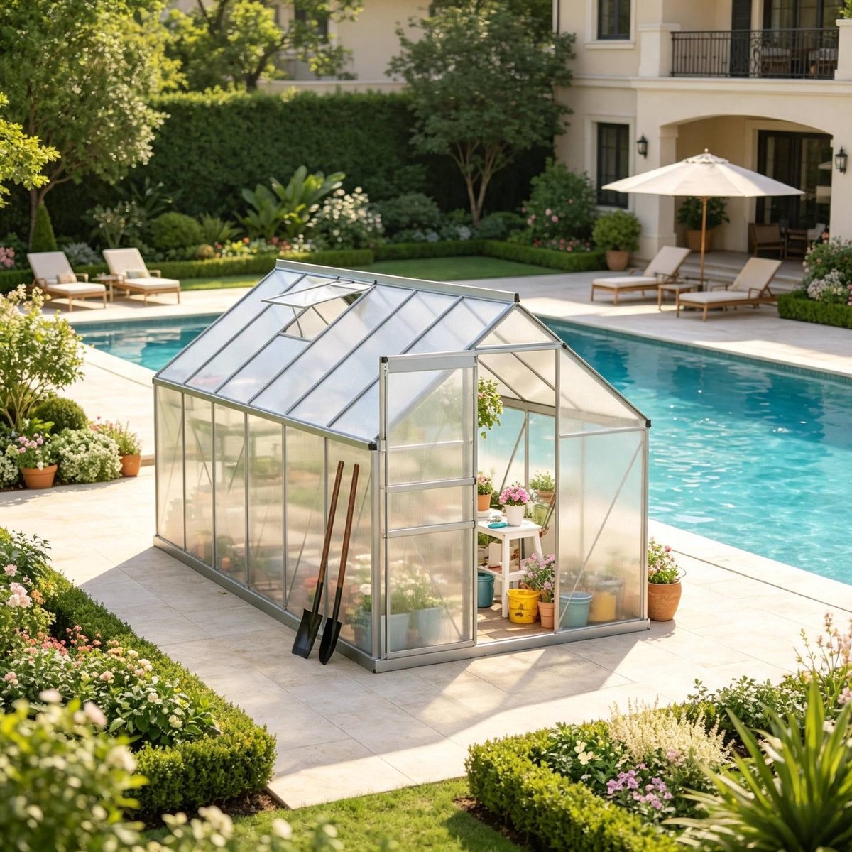 REDOM - Tuinkas - Aluminium frame - Polycarbonaat wanden - Schuifdeur en verstelbaar dakraam - Voor tuin en kweek - Aluminium - Zilver en Transparant - 375 x 190 x 199 cm