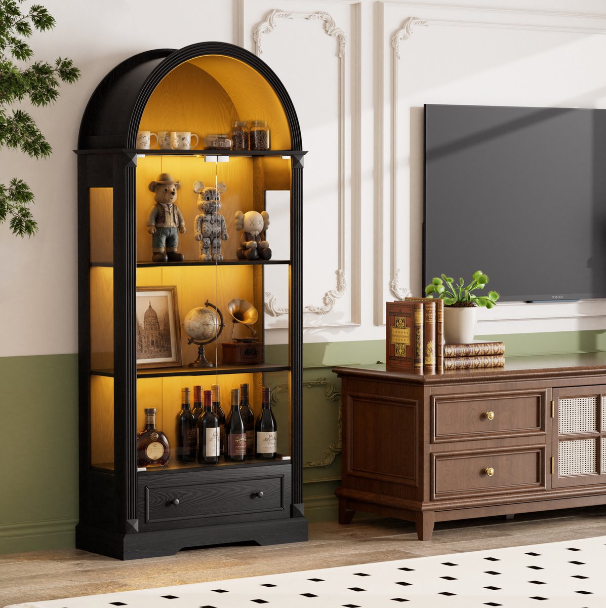 REDOM - Vitrinekast - Boogvormig design - Met LED-verlichting en lades - Moderne landelijke stijl - Woonkamer, keuken en eetkamer - MDF en gehard glas - Zwart - 80 x 35 x 180 cm
