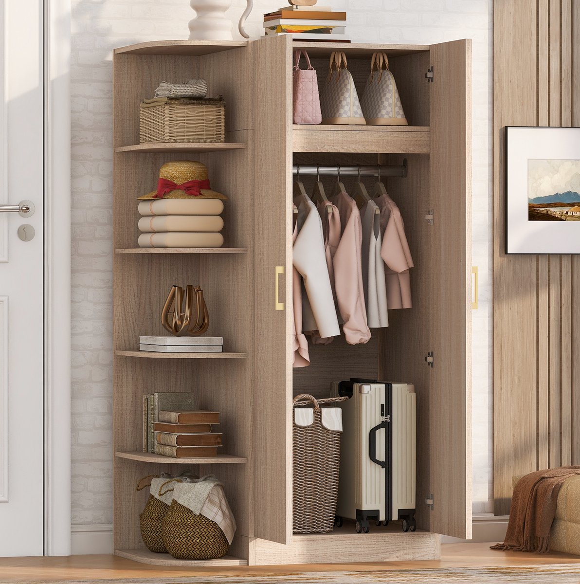 REDOM - Kledingkast - Dubbele deuren - Met legplanken en lades - Scandinavische basisstijl - Slaapkamer, woonkamer of kleedkamer - Metaal, multiplex en MDF - Hout - 90 x 55 x 170 cm