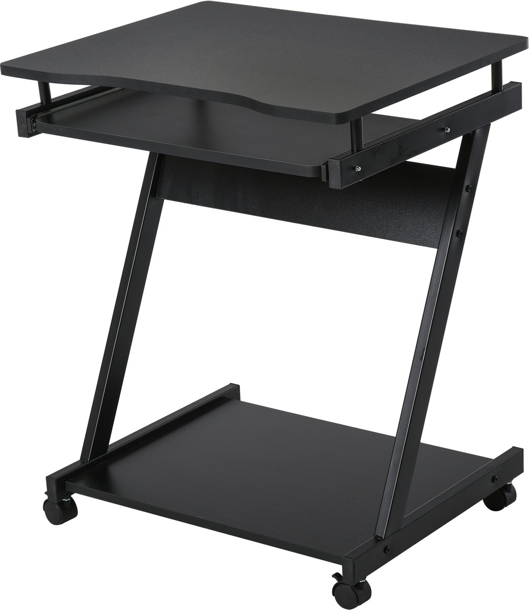 Ruimtebesparend Bureau - Uitschuifbaar Toetsenbordplateau - 4 Zwenkwielen - Onderste Opbergplank - Afmetingen 60x48x73 cm - Zwart