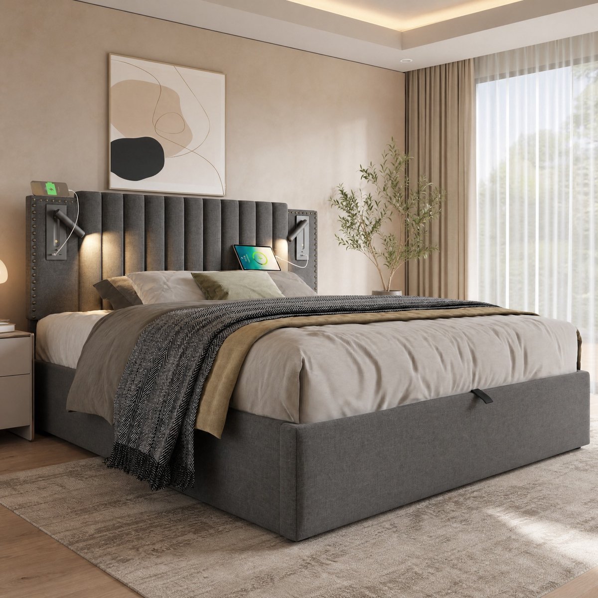 COVREO Gestoffeerd bed met verstelbaar hoofdeinde – 180x200 cm – Tweepersoonsbed met opbergruimte en leeslamp – USB-C en lattenbodem – Grijs - zonder matras