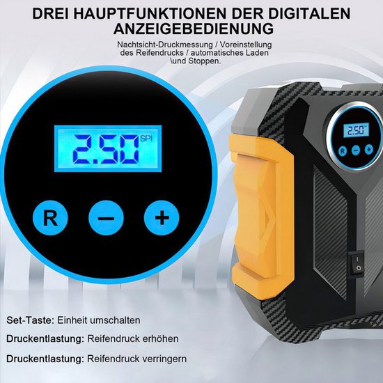 (Met digitale bandenspanningsmeter, 150 PSI, geïntegreerd ontwerp, LCD-scherm, 12 V 6000 mAh), Geschikt voor fietsen, motorfietsen en auto's; kan ook gebruikt worden als zaklamp en powerbank. van met — afbeelding 2