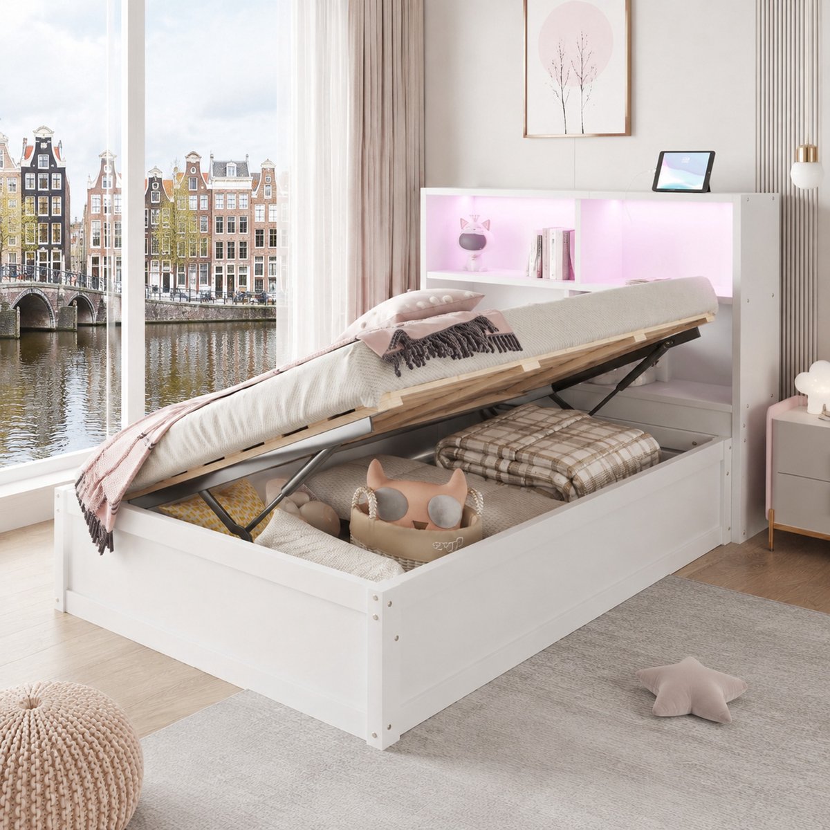 WUVRIE Normaal bed 90x200 cm - Multifunctioneel Bedframe met 4 opbergruimten, hydraulische bedbodem, LED-lampstrip en multifunctionele stekdoos, wit