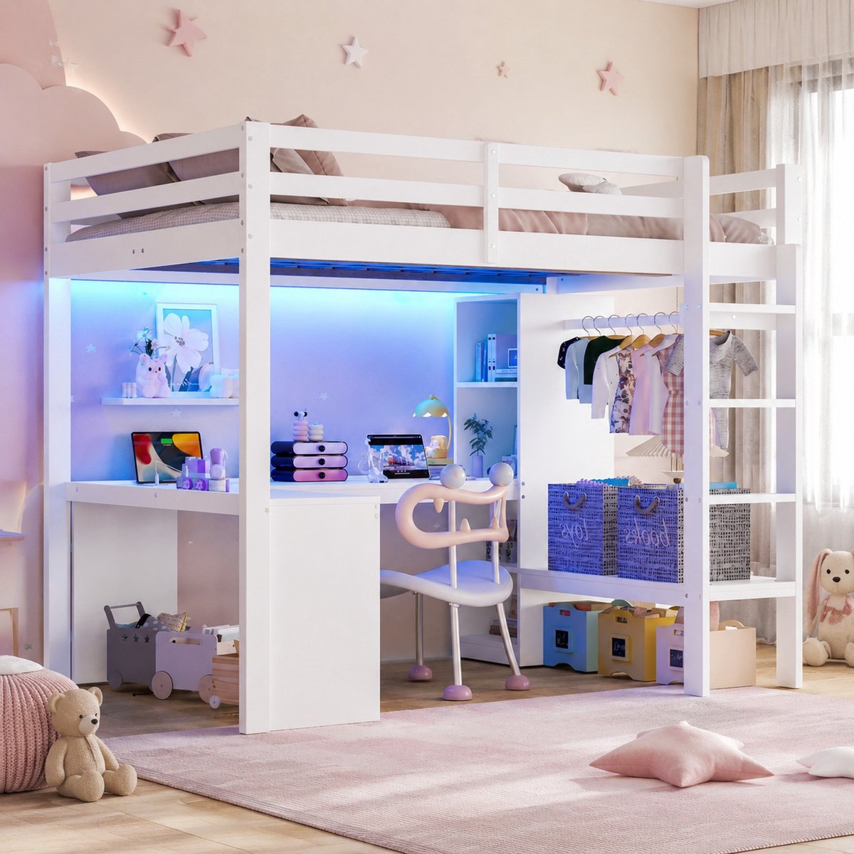 COVREO Hoogslaper met bureau – Opbergrek en ladder – Voor kinderkamer – 204,5x153,5x170 cm – Wit - zonder matras