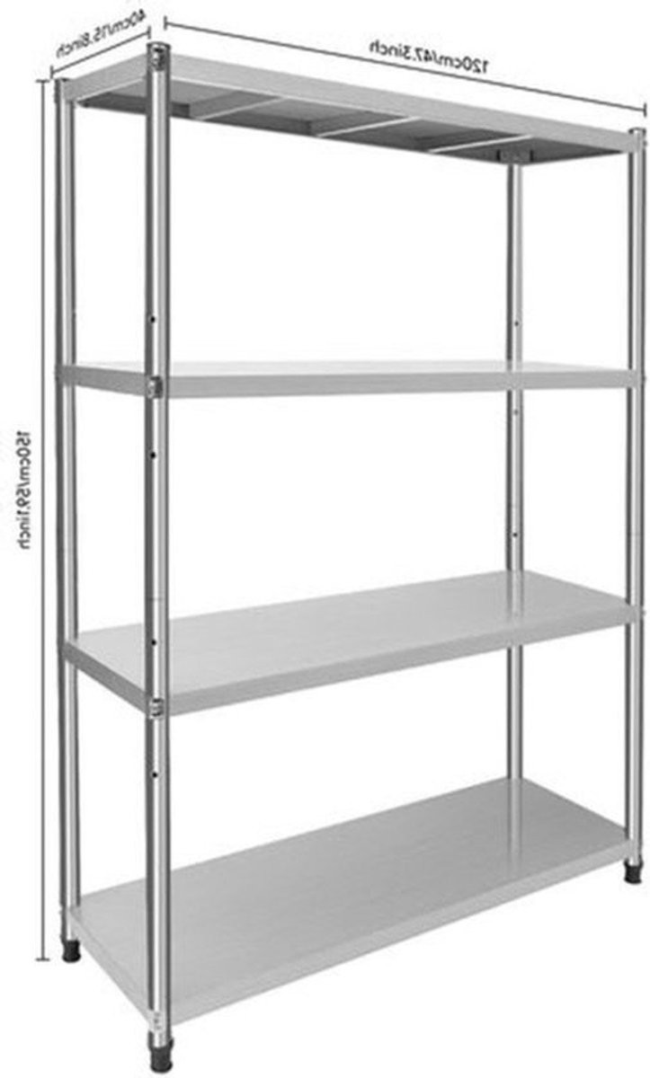 Stalenschap – Opbergrek – Rek – Wandrek – Stelling – 4-Laags Roestvrijstaal – Verstelbare Plankhoogte – 50 KG Draagkracht per Plank