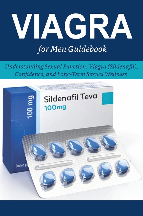 Gids voor mannen: "VIAGRA for Men Guidebook" met "Sildenafil Teva 100mg" pilletjes in verpakking.