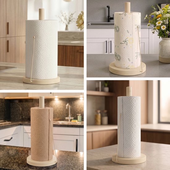 Keukenrolhouders in beige, met diverse patronen keukenpapier, in keukenomgevingen.