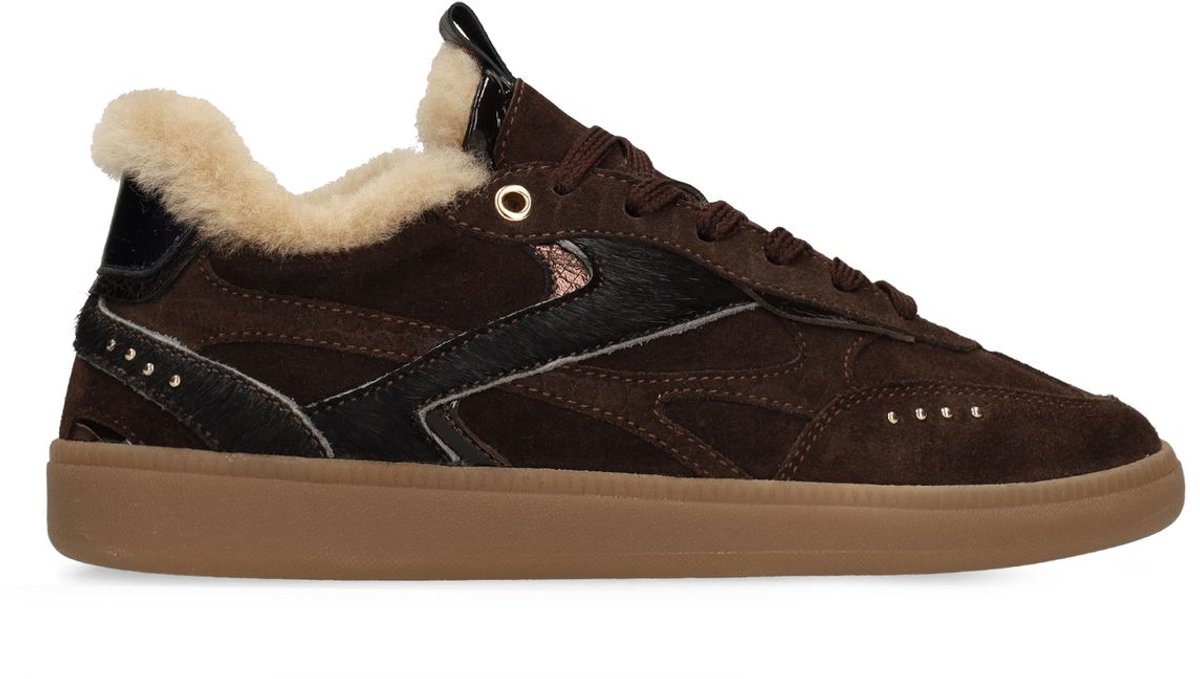 Manfield - Dames - Donkerbruine suède sneakers met bontvoering - Maat 41